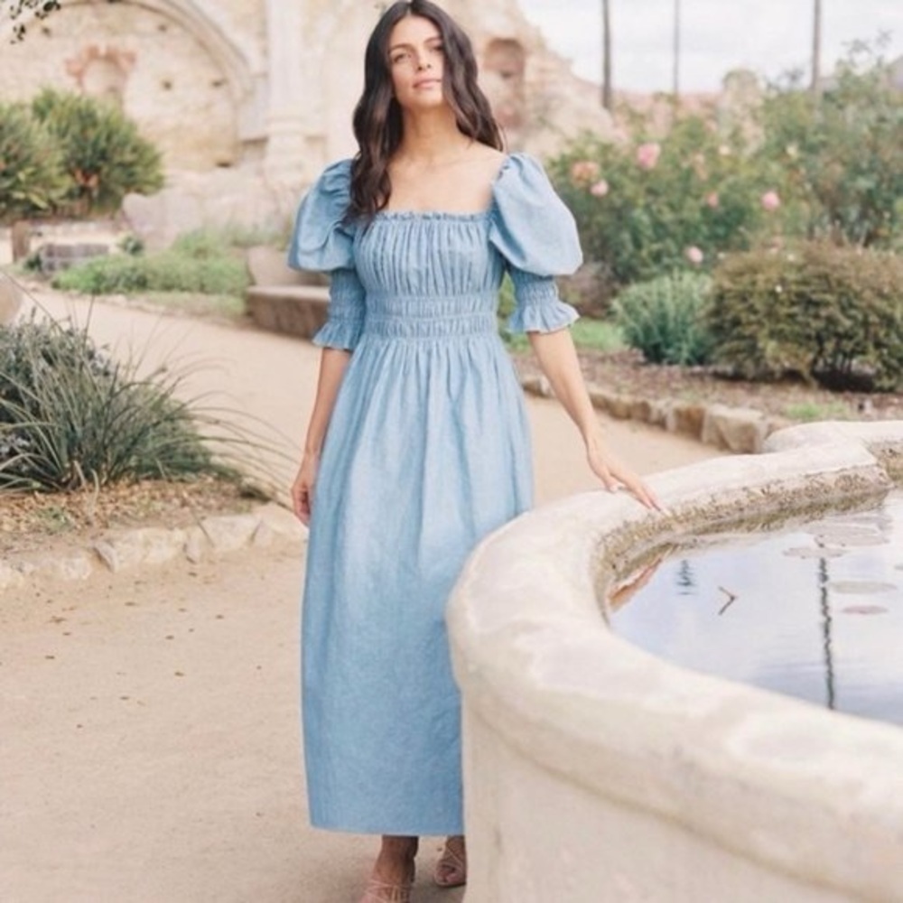 NWOT Damaris Bailey Celia Linen Midi Dress in Blue